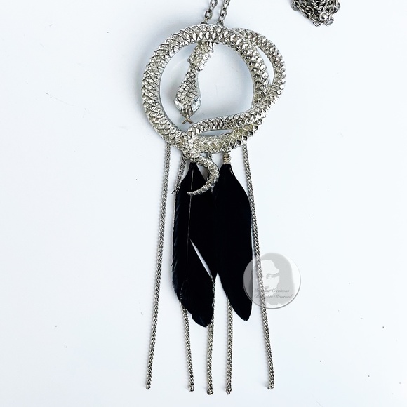 Vintage Snake and Feather 6" Pendant Necklace Silver Metal Serpent Feathers 80s - Picture 6 of 13